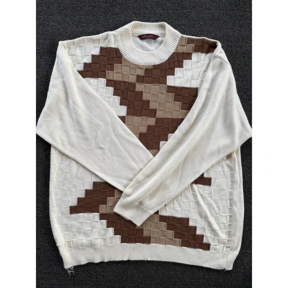 Vintage Bergati Geometric Basket Weave Knit Sweater Men’s XL — Fraying at Hem